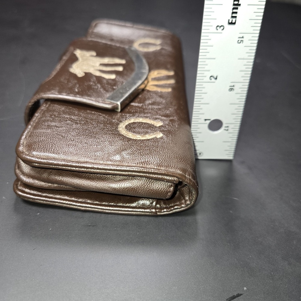 Vintage Western Horse Horseshoe Brown Faux Leather Kiss Lock Trifold Wallet - Picture 7 of 9
